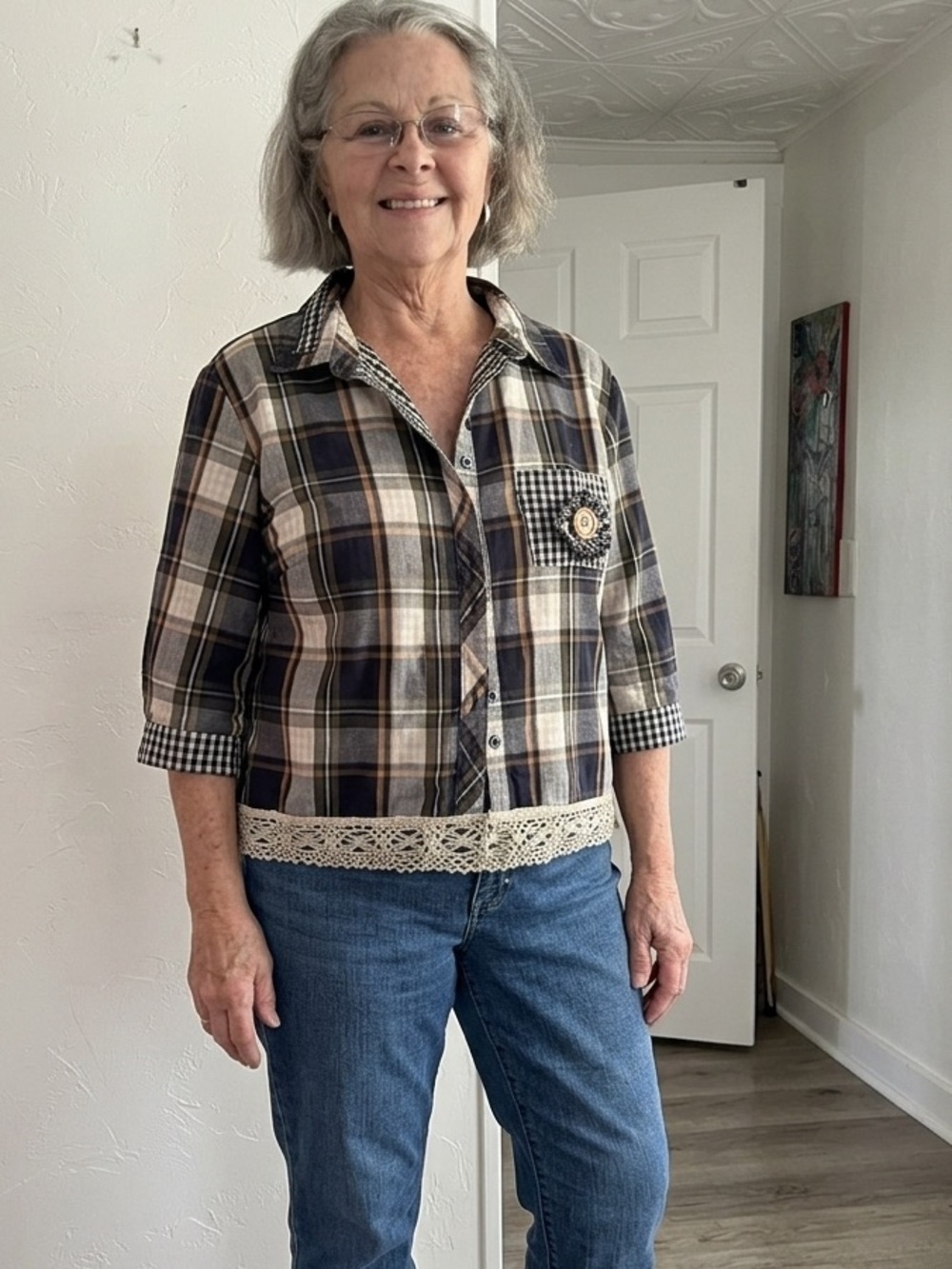 Brooks & Dunn Upcycled Plaid Shirt Blouse Large - Picture 2 of 9